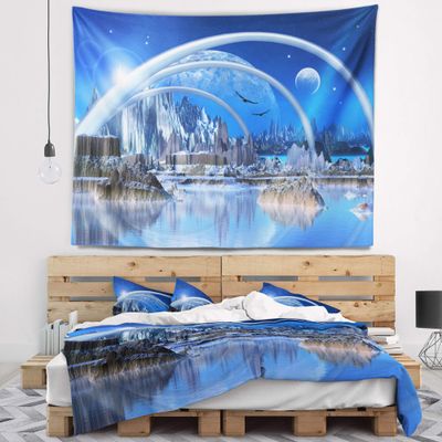 Designart ' Blue Fantasy Landscape Tapestry Blanket Dcor Wall Art for Home and Office, Created On Lightweight Polyester Fabric x Large: 92 in. x 78 in