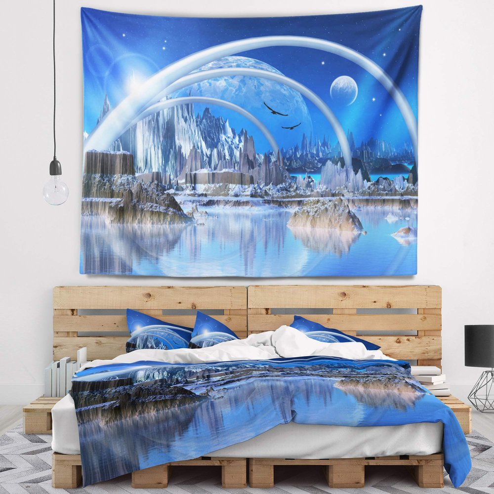 Designart ' Blue Fantasy Landscape Tapestry Blanket Dcor Wall Art for Home and Office, Created On Lightweight Polyester Fabric x Large: 92 in. x 78 in