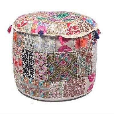 KLAVATE Ganesham Indian Hippie Vintage Cotton Floor Pillow & Cushion Patchwork Bean Bag Chair Cover Boho Bohemian Hand Embroidered Handmade Pouf Ottoman (White, 13 H X 22 Diam.(Inch))