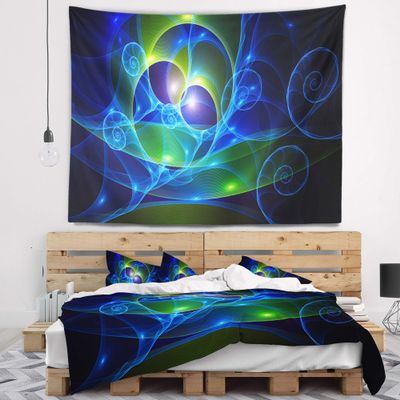 Designart ' Blue Curly Spiral on Black' Abstract Tapestry Blanket Dcor Wall Art for Home and Office, Created On Lightweight Polyester Fabric x Large: 92 in. x 78 in