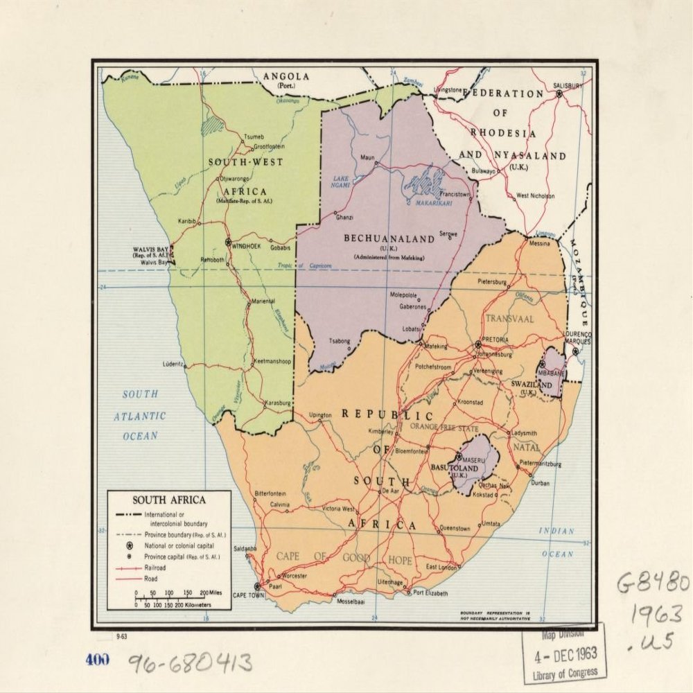 18" x 24" 1963 Map Of South Africa Railroads Roads