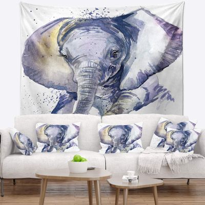 Designart ' Baby Elephant Blue Watercolor' Abstract Tapestry Blanket Dcor Wall Art for Home and Office Large: 50 in. x 60 in