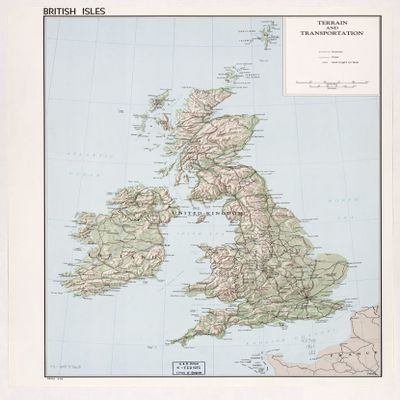 Historic Prints 18" x 24" 1961 Map of British Isles Terrain & Transportaion