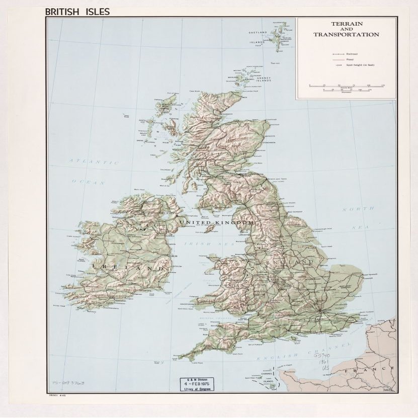 Historic Prints 18" x 24" 1961 Map of British Isles Terrain & Transportaion