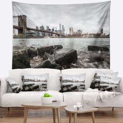 Designart ' Brooklyn Bridge with Rocks on Shore' Cityscape Tapestry Blanket Dcor Wall Art for Home and Office x Large: 92 in. x 78 in
