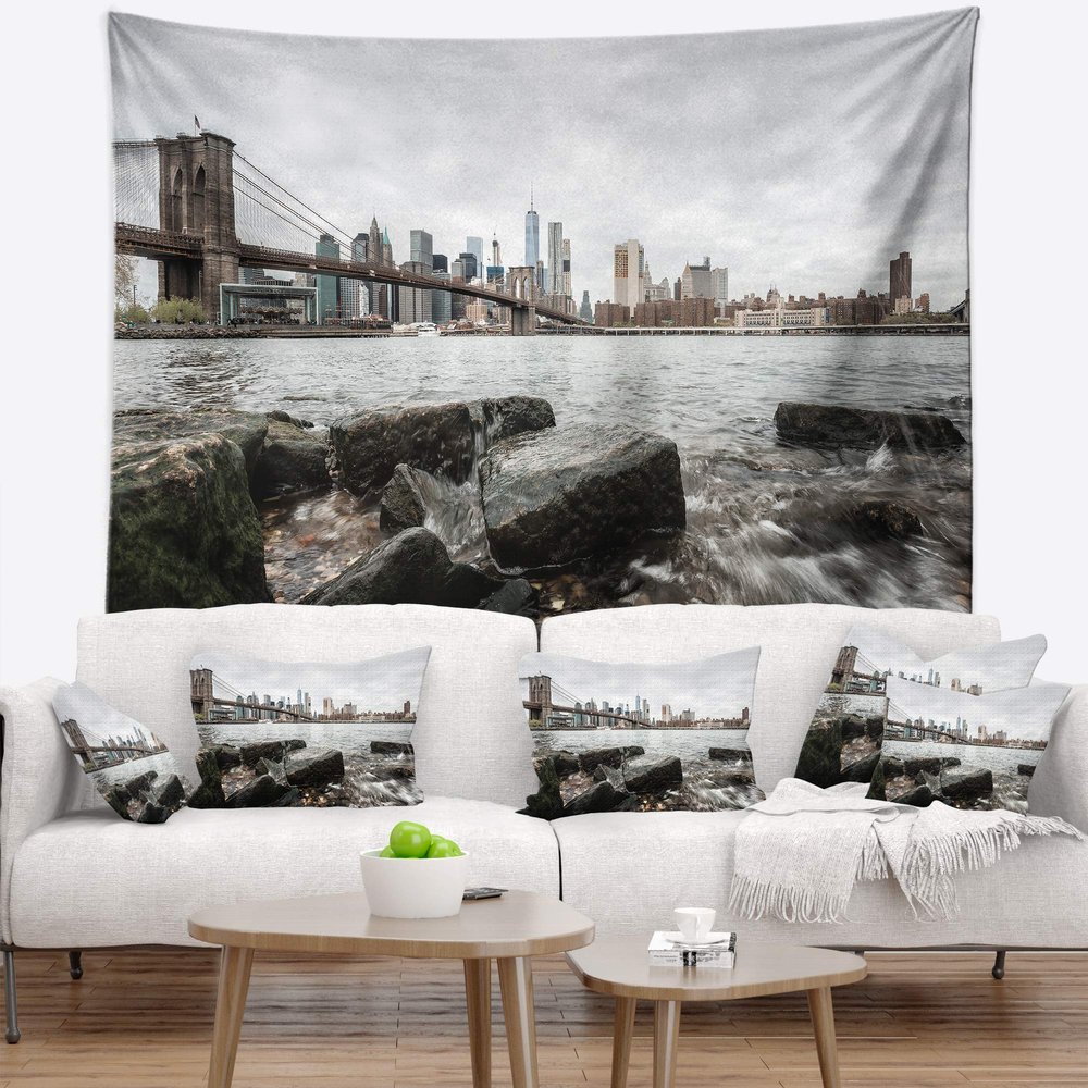 Designart ' Brooklyn Bridge with Rocks on Shore' Cityscape Tapestry Blanket Dcor Wall Art for Home and Office x Large: 92 in. x 78 in