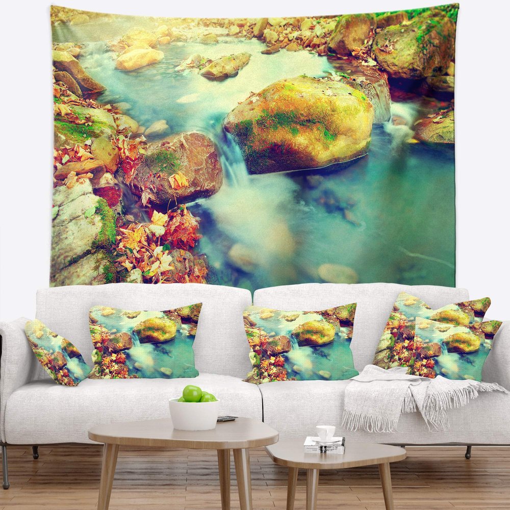 Designart ' Mountain River with Stones' Seashore Tapestry Blanket Dcor Wall Art for Home and Office, Created On Lightweight Polyester Fabric x Large: 92 in. x 78 in