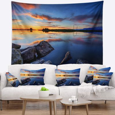 Designart ' Beautiful Calm Water and Sunset' Landscape Tapestry Blanket Dcor Wall Art for Home and Office x Large: 92 in. x 78 in