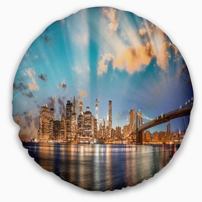Designart Dramatic Sky Over Manhattan City' Cityscape Throw Living Room, Sofa, High Quality Pillow Insert + Cushion Cover Printed On Both Side 20" Round