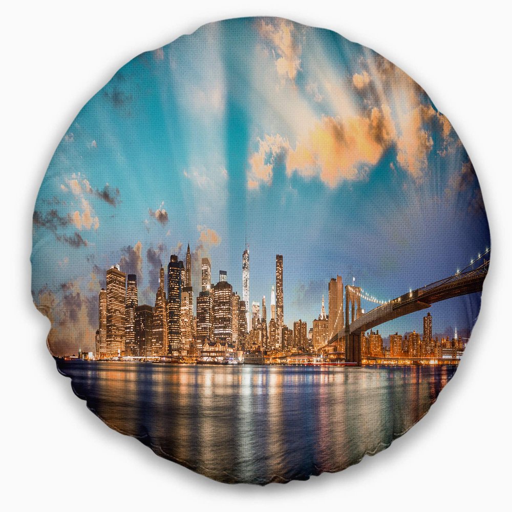 Designart Dramatic Sky Over Manhattan City' Cityscape Throw Living Room, Sofa, High Quality Pillow Insert + Cushion Cover Printed On Both Side 20" Round