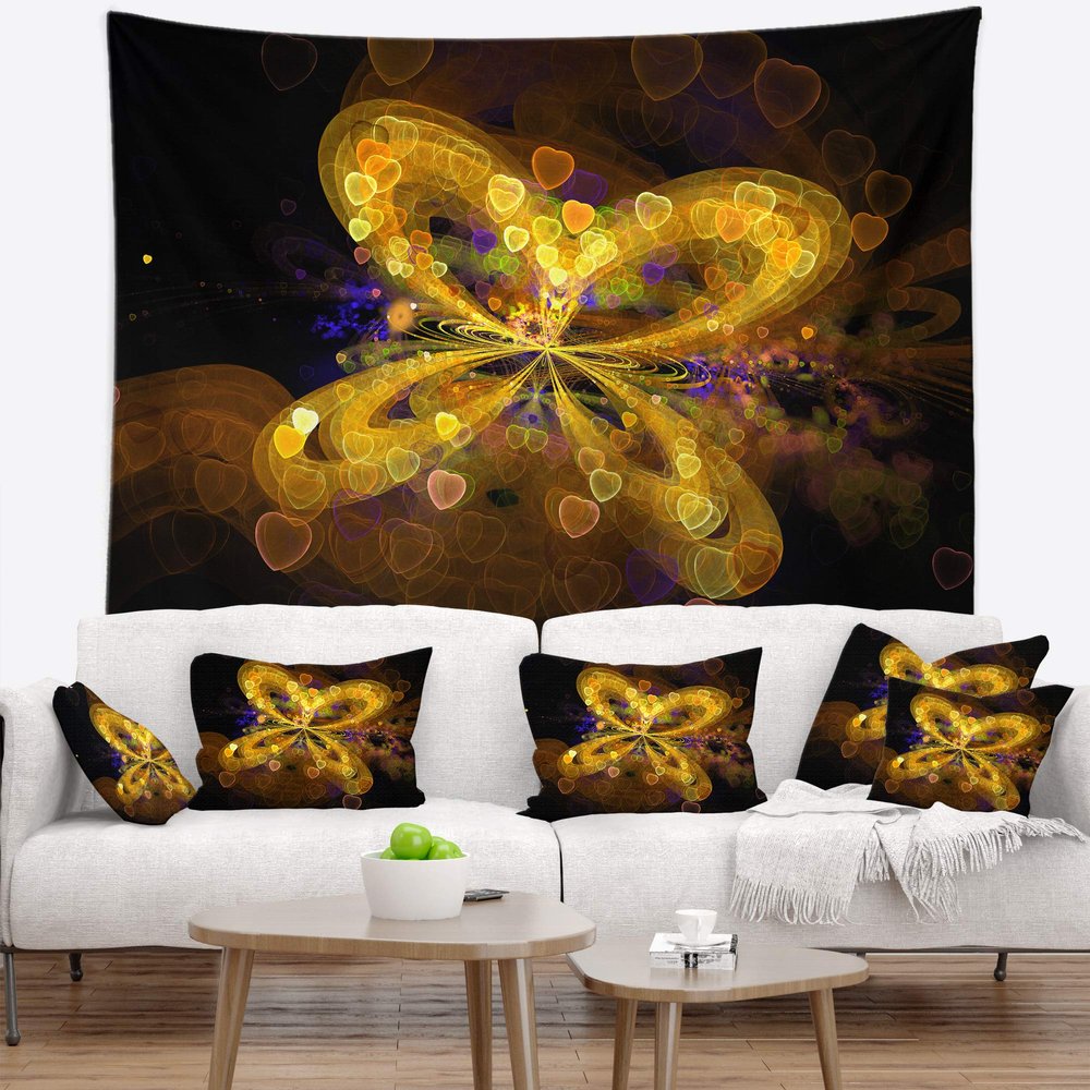 Designart ' Fractal Yellow Butterfly Pattern' Floral Tapestry Blanket Dcor Wall Art for Home and Office, Created On Lightweight Polyester Fabric Medium: 39 in. x 32 in