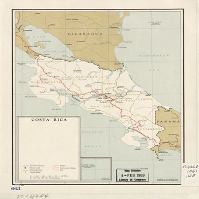 18" x 24" 1961 Map Of Costa Rica Railroads Roads
