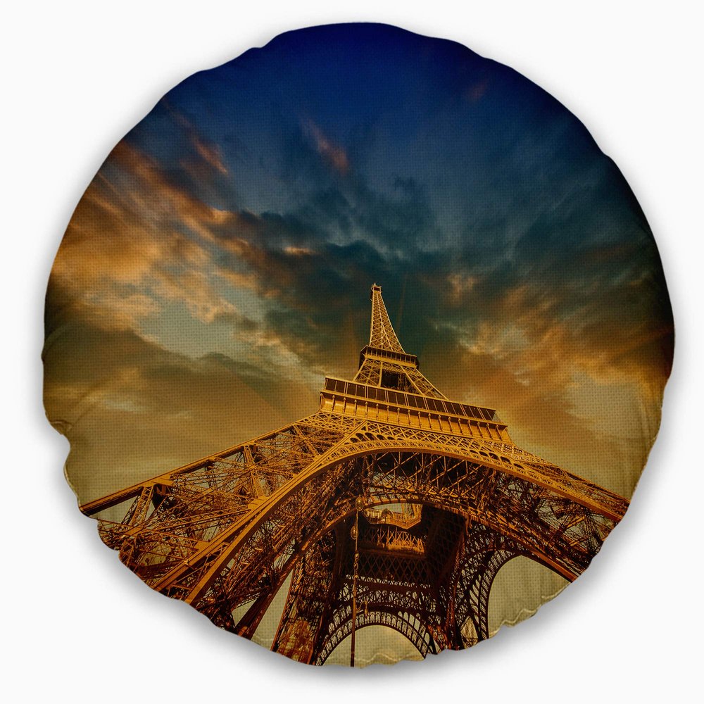 Dramatic Sky Above Paris Eiffel Towerin Paris' Cityscape Round Throw Pillow & Round Cushion Pillow Cover for Living Room, Sofa