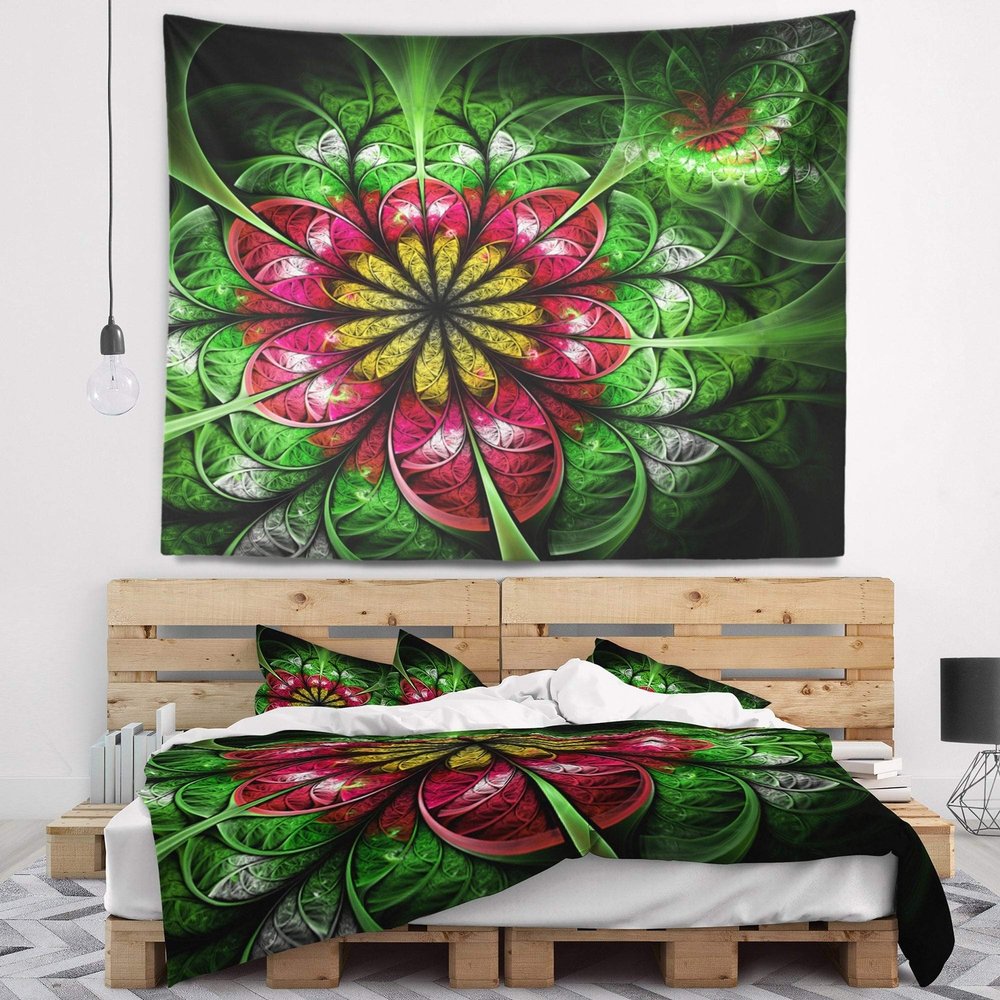 Designart ' Dark Yellow and Green Flower' Abstract Tapestry Blanket Dcor Wall Art for Home and Office x Large: 92" x 78"