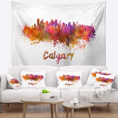 Designart ' Calgary Skyline' Cityscape Tapestry Blanket Dcor Wall Art for Home and Office, Created On Lightweight Polyester Fabric x Large: 92 in. x 78 in