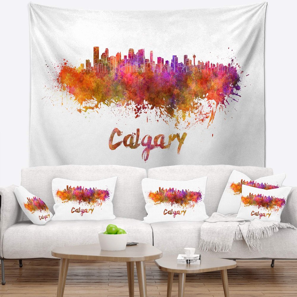 Designart ' Calgary Skyline' Cityscape Tapestry Blanket Dcor Wall Art for Home and Office, Created On Lightweight Polyester Fabric x Large: 92 in. x 78 in