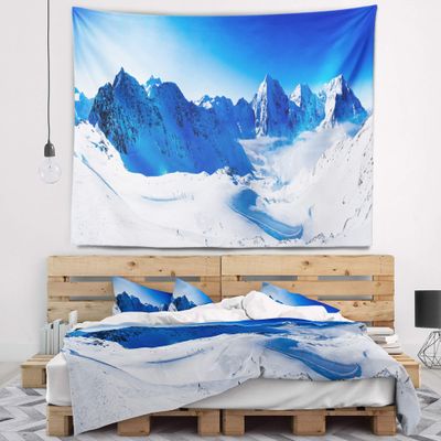 Designart ' Blue Winter Mountains' Photography Tapestry Blanket Dcor Wall Art for Home and Office, Created On Lightweight Polyester Fabric x Large: 92" x 78"