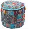 GANESHAM Indian Hippie Vintage Cotton Floor Pillow & Cushion Patchwork Bean Bag Chair Cover Boho Bohemian Hand Embroidered Handmade Pouf Ottoman (Turquoise, 13" H x 22" Diam.(inch)) view 1