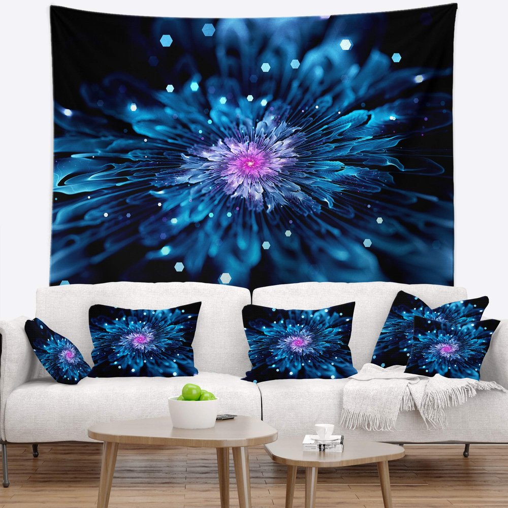 Designart ' Blue Fractal Shiny Particles' Flower Tapestry Blanket Dcor Wall Art for Home and Office x Large: 92 in. x 78 in