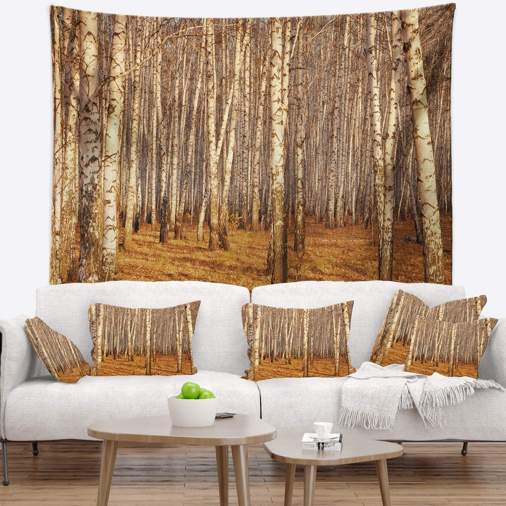 Designart ' Dense Birch Fall' Forest Tapestry Blanket Dcor Wall Art for Home and Office, Created On Lightweight Polyester Fabric x Large: 92 in. x 78 in