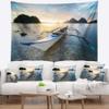 Designart ' Boat Docked at Beautiful Sunset' Seashore Tapestry Blanket Dcor Wall Art for Home and Office x Large: 92" x 78" view 1