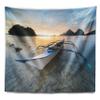 Designart ' Boat Docked at Beautiful Sunset' Seashore Tapestry Blanket Dcor Wall Art for Home and Office x Large: 92" x 78" view 2