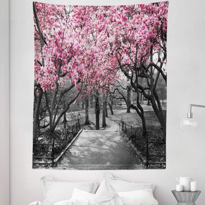 Lunarable NYC Tapestry Twin Size, Blossoms in Central Park Landscape Cherry Trees Forest Spring Season Picture, Wall Hanging Bedspread Bed Cover Wall Decor, Twin Size, Magenta Grey
