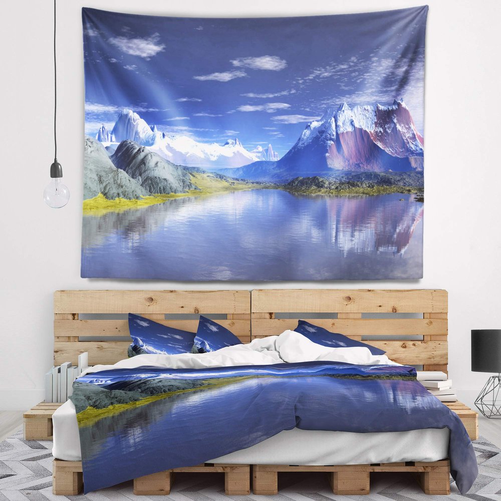 Designart ' 3D Rendered Mountains and Lake' Landscape Tapestry Blanket Dcor Wall Art for Home and Office, Created On Lightweight Polyester Fabric x Large: 92 in. x 78 in