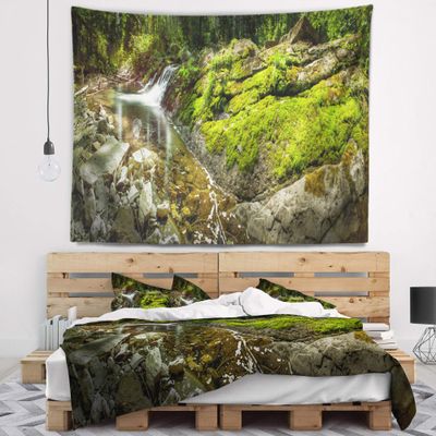 Designart ' Creek Moss and Rocks Panorama' Landscape Tapestry Blanket Dcor Wall Art for Home and Office, Created On Lightweight Polyester Fabric x Large: 92 in. x 78 in