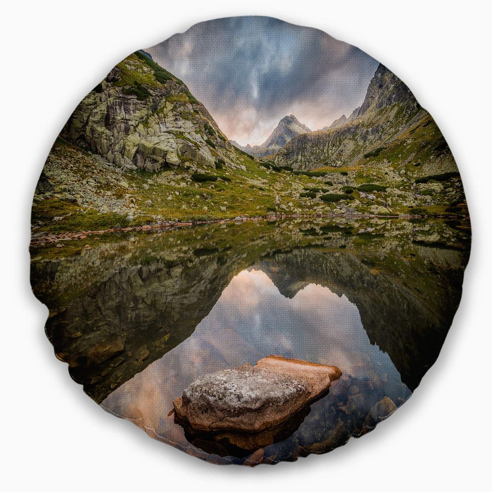 Designart Mountain Lake Over Skok Waterfall' Seashore Throw Living Room, Sofa, High Quality Pillow Insert + Cushion Cover Printed On Both Side 20" Round