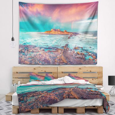 Designart ' Blue Waters in Spring' Seascape Photography Tapestry Blanket Dcor Wall Art for Home and Office, Created On Lightweight Polyester Fabric x Large: 92 in. x 78 in