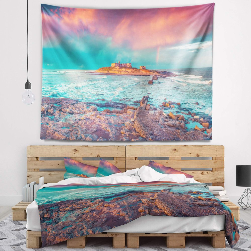 Designart ' Blue Waters in Spring' Seascape Photography Tapestry Blanket Dcor Wall Art for Home and Office, Created On Lightweight Polyester Fabric x Large: 92 in. x 78 in