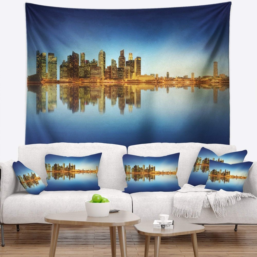 Designart ' Calm Singapore Skyline' Cityscape Photography Tapestry Blanket Dcor Wall Art for Home and Office, Created On Lightweight Polyester Fabric x Large: 92 in. x 78 in