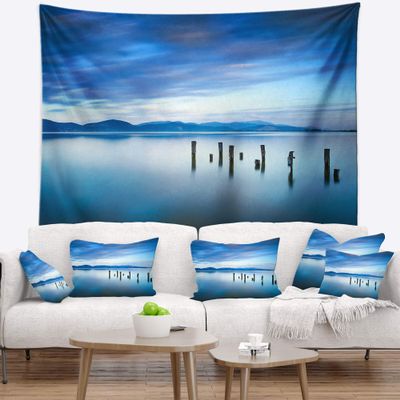 Designart ' Cloudy Sky in Blue Sea' Seascape Tapestry Blanket Dcor Wall Art for Home and Office, Created On Lightweight Polyester Fabric x Large: 92 in. x 78 in