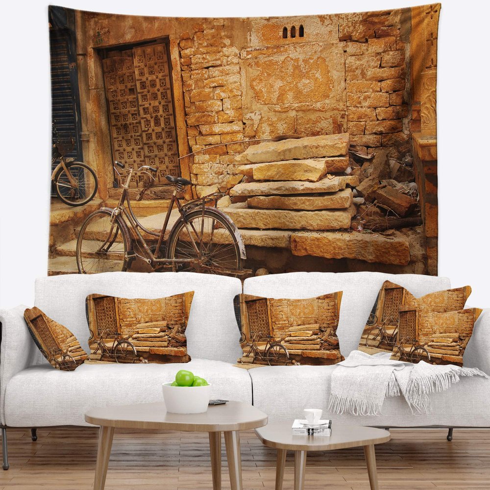Designart ' Bicycle Against Brown Landscape Photo Tapestry Blanket Dcor Wall Art for Home and Office, Created On Lightweight Polyester Fabric x Large: 92 in. x 78 in