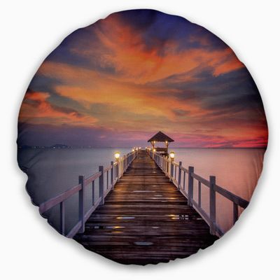 Designart Dark Seashore Colorful Sky' Pier Seascape Throw Cushion Pillow Cover for Living Room, Sofa 20" Round
