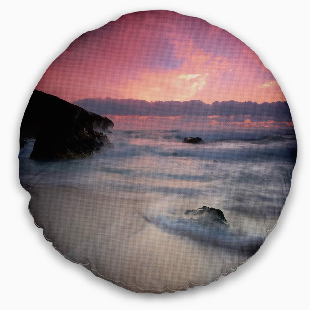 Designart White Waters at Guincho Beach Cascais' Seashore Throw Living Room, Sofa, High Quality Pillow Insert + Cushion Cover Printed On Both Side 20" Round