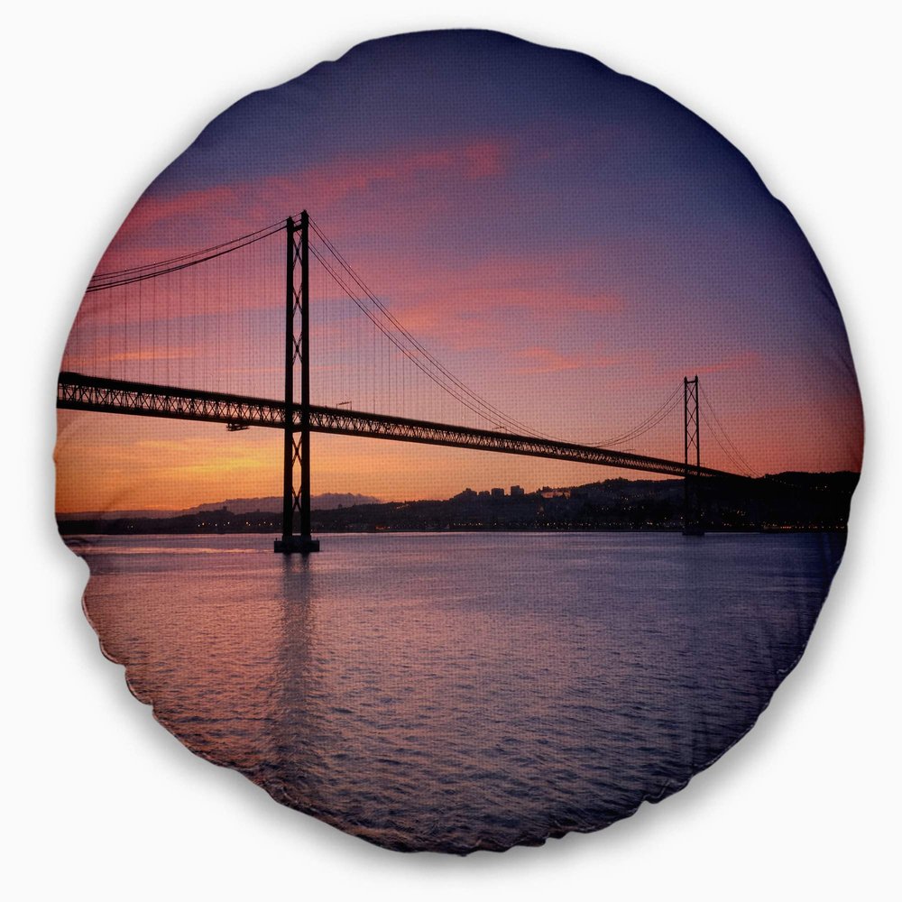 Designart Wonderful View of Lisbon Bridge' Pier Seascape Throw Living Room, Sofa, High Quality Pillow Insert + Cushion Cover Printed On Both Side 20" Round