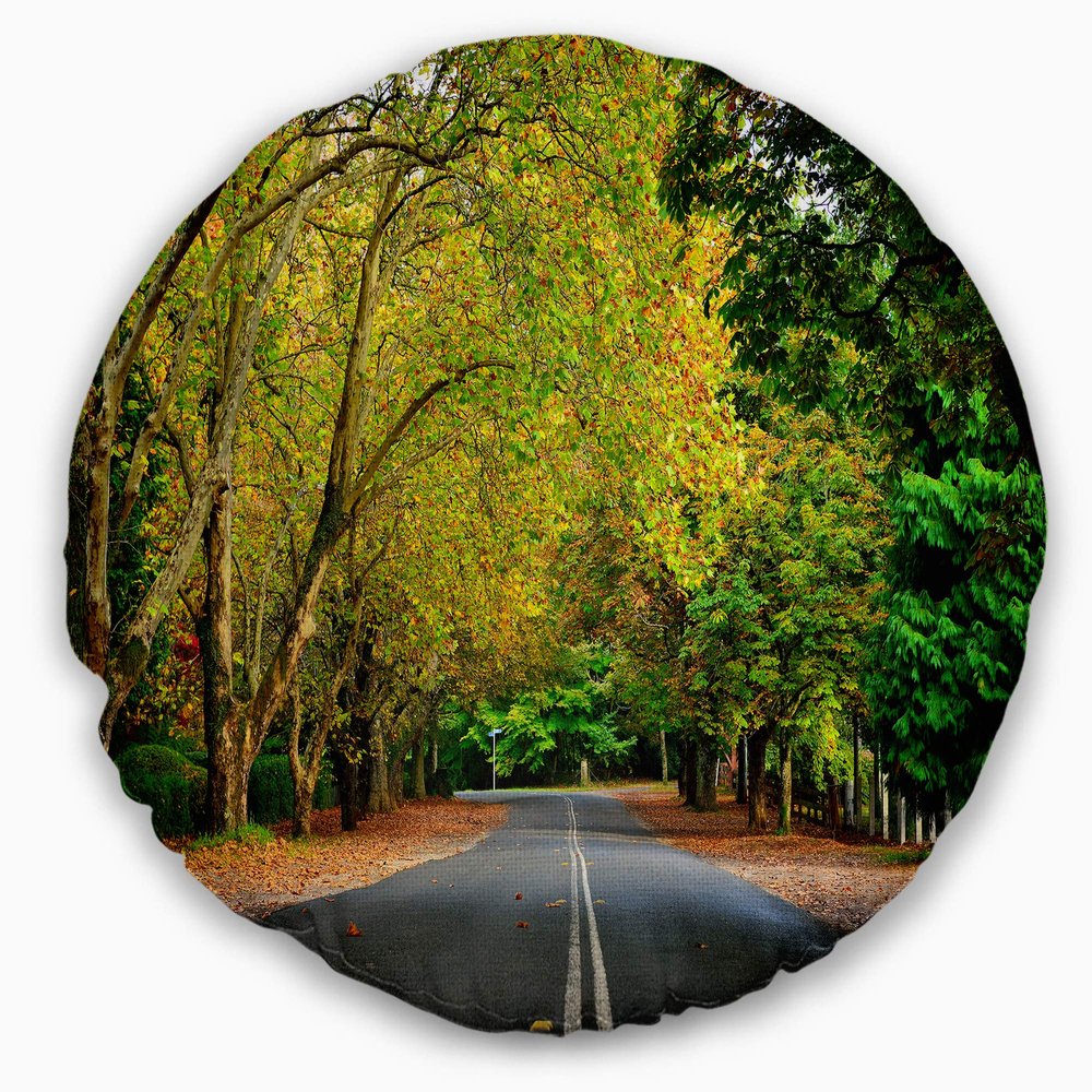Designart Road Through Stunning Greenery' Landscape Throw Living Room, Sofa, High Quality Pillow Insert + Cushion Cover Printed On Both Side 20" Round