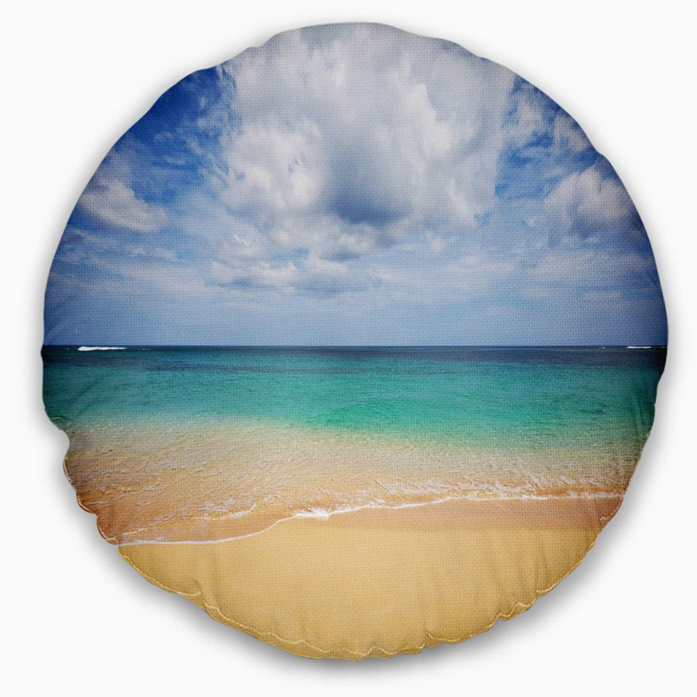 Designart Bright Seashore with Heavy Clouds' Modern Beach Throw Living Room, Sofa, High Quality Pillow Insert + Cushion Cover Printed On Both Side 20" Round