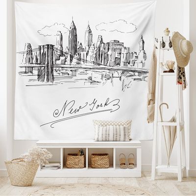 Lunarable NYC Tapestry King Size, New York City Contemporary Business Metropolis Corporate Town Monochromic Sketch, Wall Hanging Bedspread Bed Cover Wall Decor, King Size, Pale Black White