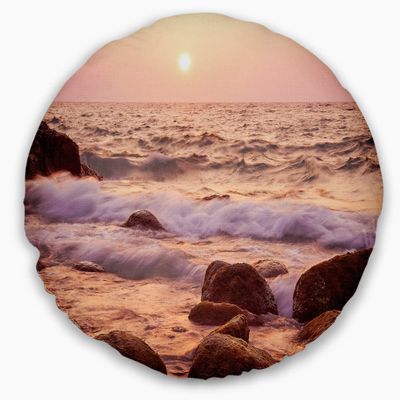 Designart Foam Waves Hitting Rocky Coast' Seashore Throw Cushion Pillow Cover for Living Room, Sofa 20" Round