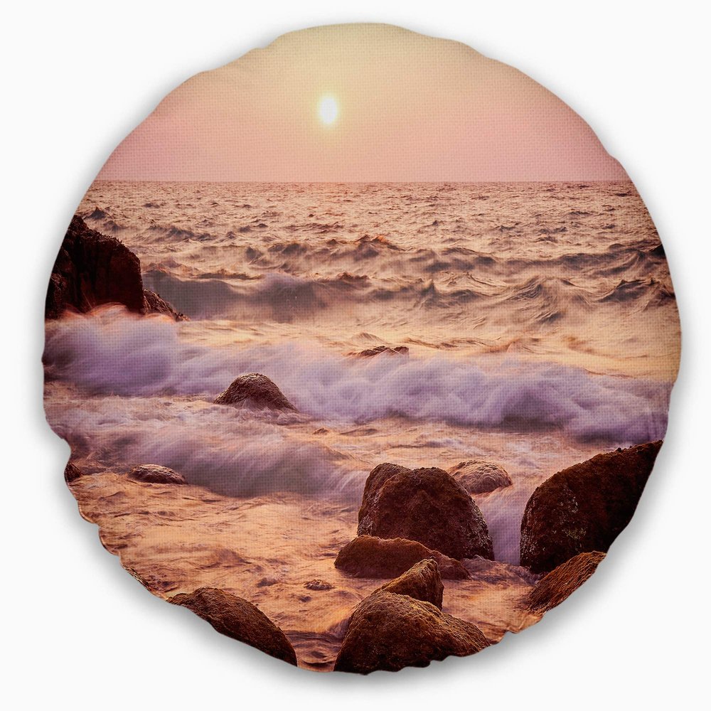 Designart Foam Waves Hitting Rocky Coast' Seashore Throw Cushion Pillow Cover for Living Room, Sofa 20" Round