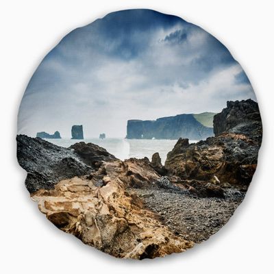 Designart Storm in Rocky Coast of Atlantic' Landscape Throw Living Room, Sofa, High Quality Pillow Insert + Cushion Cover Printed On Both Side 20" Round