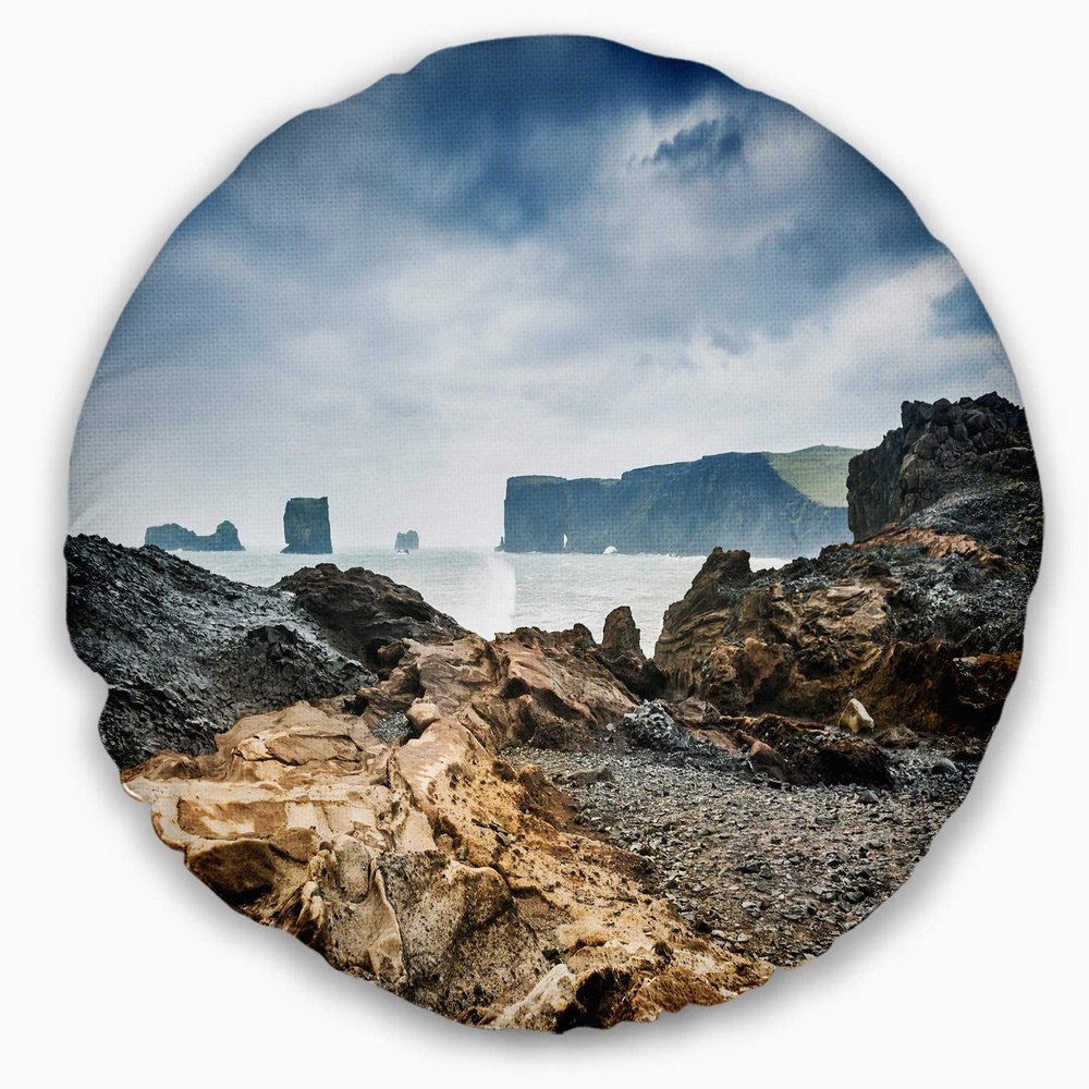 Designart Storm in Rocky Coast of Atlantic' Landscape Throw Living Room, Sofa, High Quality Pillow Insert + Cushion Cover Printed On Both Side 20" Round