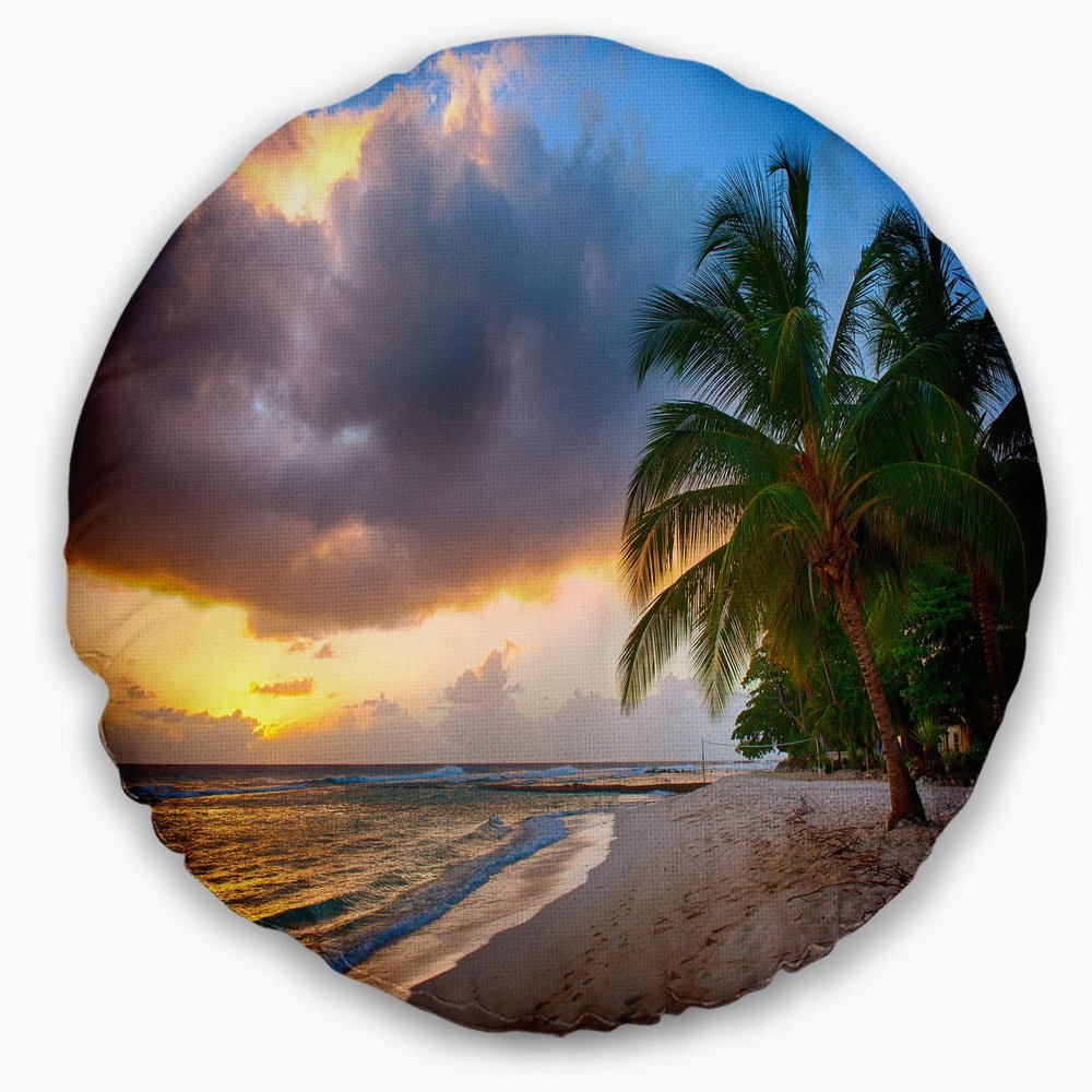 Designart Beautiful Beach with Palms in Barbados' Modern Seascape Throw Cushion Pillow Cover for Living Room, Sofa 20" Round
