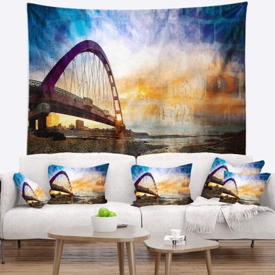 Designart ' Color Red Bridge Sunset Taiwan' Modern Seascape Tapestry Blanket Dcor Wall Art for Home and Office, Created on Lightweight Polyester Fabric x Large: 92 in. x 78 in