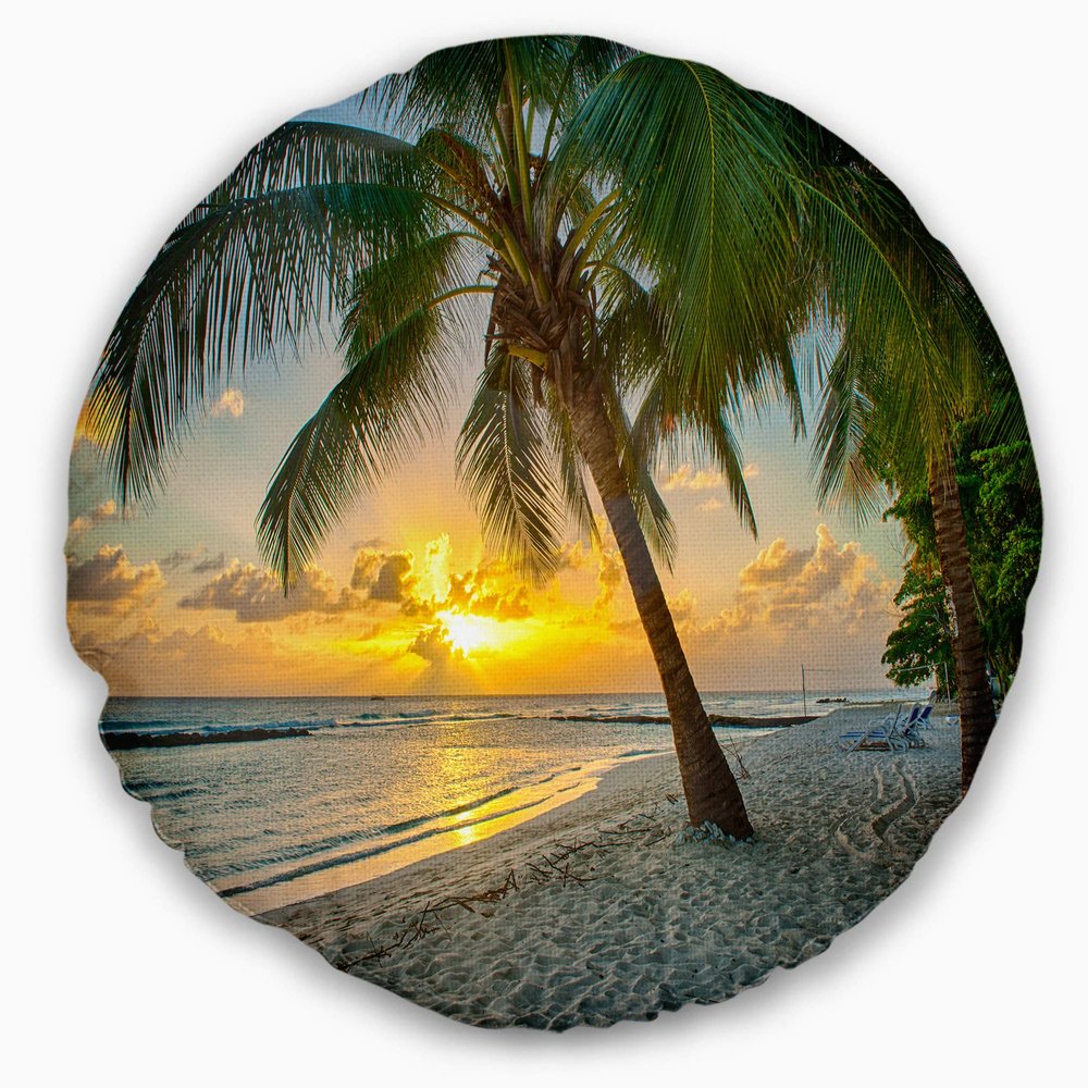 Designart Beach in Caribbean Island of Barbados' Modern Seascape Throw Living Room, Sofa, High Quality Pillow Insert + Cushion Cover Printed On Both Side 20" Round