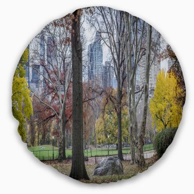 Designart Central Park New York City in Autumn' Landscape Printed Throw Cushion Pillow Cover for Living Room, Sofa 20" Round
