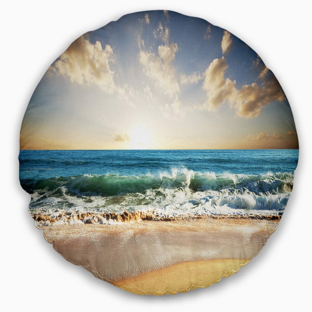 Designart Cloudy Sky and Vibrant Blue Sea' Seascape Throw Living Room, Sofa, High Quality Pillow Insert + Cushion Cover Printed On Both Side 20" Round